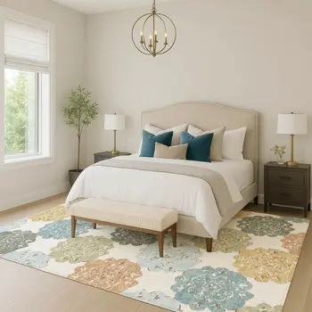 10' X 14' Pacific Blue Ivory And Copper Quatrefoil Washable Indoor Outdoor Area Rug