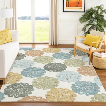10' X 14' Pacific Blue Ivory And Copper Quatrefoil Washable Indoor Outdoor Area Rug