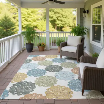 10' X 14' Pacific Blue Ivory And Copper Quatrefoil Washable Indoor Outdoor Area Rug