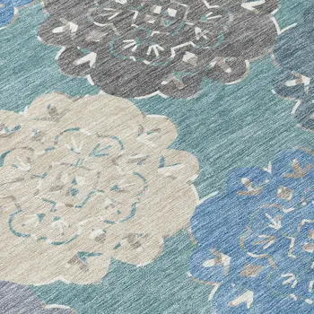 3' X 5' Teal Blue Beige And Ivory Quatrefoil Washable Indoor Outdoor Area Rug