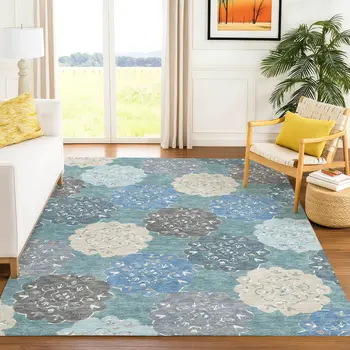 3' X 5' Teal Blue Beige And Ivory Quatrefoil Washable Indoor Outdoor Area Rug