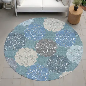 8' Teal Blue Beige And Ivory Round Quatrefoil Washable Indoor Outdoor Area Rug