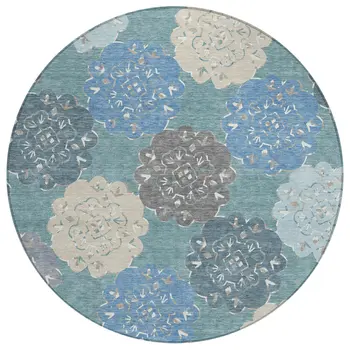 8' Teal Blue Beige And Ivory Round Quatrefoil Washable Indoor Outdoor Area Rug