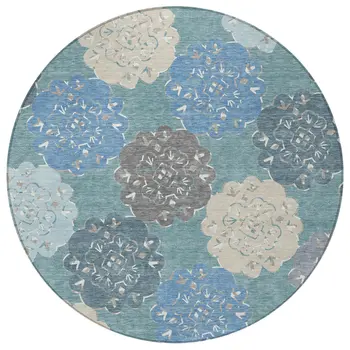 8' Teal Blue Beige And Ivory Round Quatrefoil Washable Indoor Outdoor Area Rug