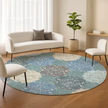 8' Teal Blue Beige And Ivory Round Quatrefoil Washable Indoor Outdoor Area Rug