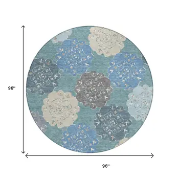 8' Teal Blue Beige And Ivory Round Quatrefoil Washable Indoor Outdoor Area Rug