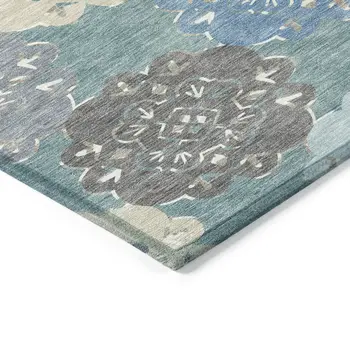 8' X 10' Teal Blue Beige And Ivory Quatrefoil Washable Indoor Outdoor Area Rug