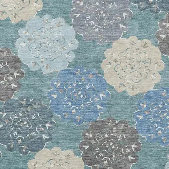 8' X 10' Teal Blue Beige And Ivory Quatrefoil Washable Indoor Outdoor Area Rug