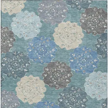 9' X 12' Teal Blue Beige And Ivory Quatrefoil Washable Indoor Outdoor Area Rug