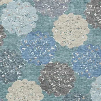 9' X 12' Teal Blue Beige And Ivory Quatrefoil Washable Indoor Outdoor Area Rug