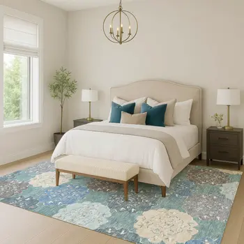 9' X 12' Teal Blue Beige And Ivory Quatrefoil Washable Indoor Outdoor Area Rug