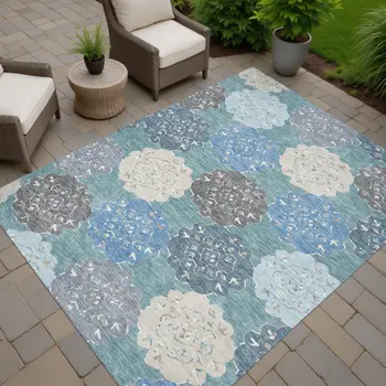 10' X 14' Teal Blue Beige And Ivory Quatrefoil Washable Indoor Outdoor Area Rug