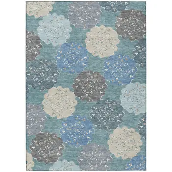 10' X 14' Teal Blue Beige And Ivory Quatrefoil Washable Indoor Outdoor Area Rug