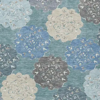 10' X 14' Teal Blue Beige And Ivory Quatrefoil Washable Indoor Outdoor Area Rug