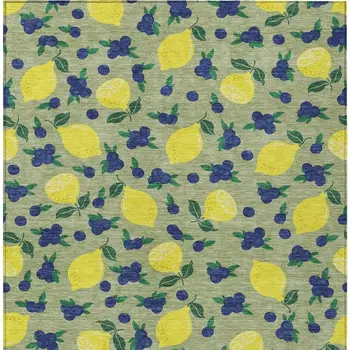 3' X 5' Artichoke Green Yellow And Blue Lemons Washable Indoor Outdoor Area Rug