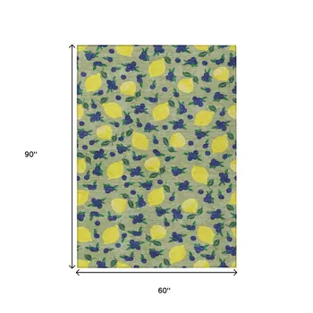 5' X 8' Artichoke Green Yellow And Blue Lemons Washable Indoor Outdoor Area Rug