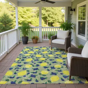 5' X 8' Artichoke Green Yellow And Blue Lemons Washable Indoor Outdoor Area Rug