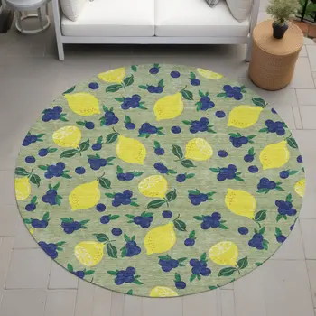 8' Artichoke Green Yellow And Blue Round Lemons Washable Indoor Outdoor Area Rug