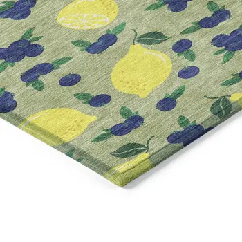 8' Artichoke Green Yellow And Blue Round Lemons Washable Indoor Outdoor Area Rug