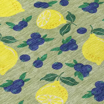 8' Artichoke Green Yellow And Blue Round Lemons Washable Indoor Outdoor Area Rug