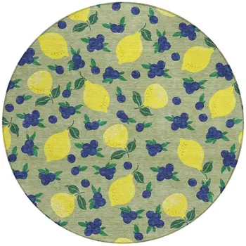 8' Artichoke Green Yellow And Blue Round Lemons Washable Indoor Outdoor Area Rug