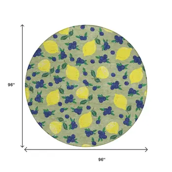 8' Artichoke Green Yellow And Blue Round Lemons Washable Indoor Outdoor Area Rug