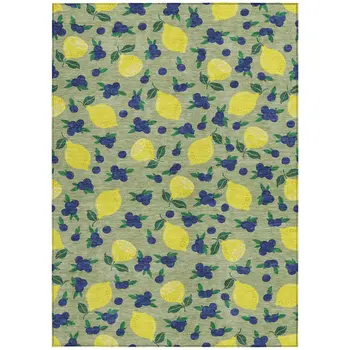 8' X 10' Artichoke Green Yellow And Blue Lemons Washable Indoor Outdoor Area Rug