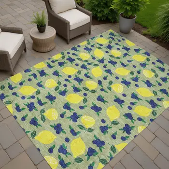 8' X 10' Artichoke Green Yellow And Blue Lemons Washable Indoor Outdoor Area Rug