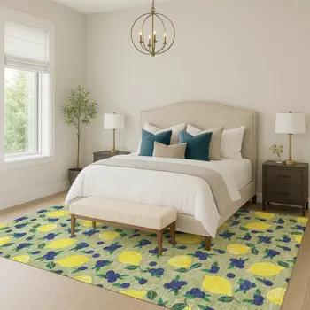 8' X 10' Artichoke Green Yellow And Blue Lemons Washable Indoor Outdoor Area Rug