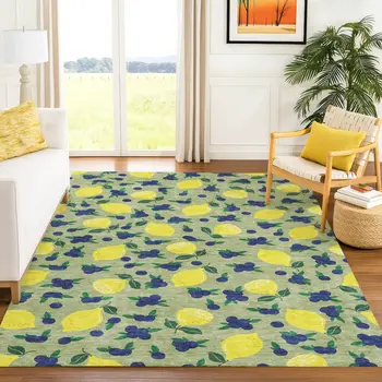 8' X 10' Artichoke Green Yellow And Blue Lemons Washable Indoor Outdoor Area Rug