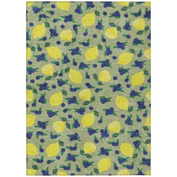 10' X 14' Artichoke Green Yellow And Blue Lemons Washable Indoor Outdoor Area Rug