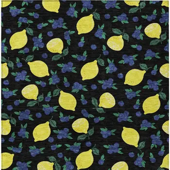 3' X 5' Black Yellow And Blue Lemons Washable Indoor Outdoor Area Rug