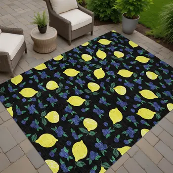 3' X 5' Black Yellow And Blue Lemons Washable Indoor Outdoor Area Rug
