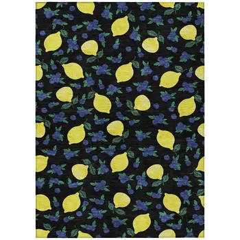 3' X 5' Black Yellow And Blue Lemons Washable Indoor Outdoor Area Rug