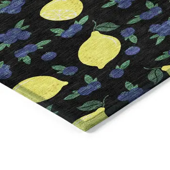 3' X 5' Black Yellow And Blue Lemons Washable Indoor Outdoor Area Rug