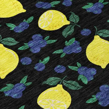 3' X 5' Black Yellow And Blue Lemons Washable Indoor Outdoor Area Rug