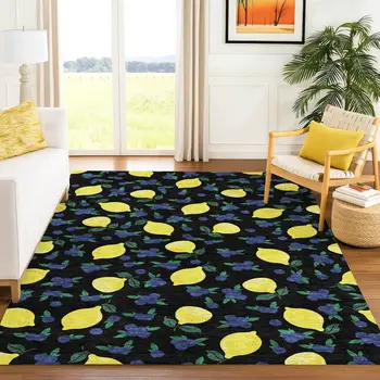 3' X 5' Black Yellow And Blue Lemons Washable Indoor Outdoor Area Rug