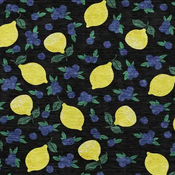 5' X 8' Black Yellow And Blue Lemons Washable Indoor Outdoor Area Rug