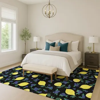 5' X 8' Black Yellow And Blue Lemons Washable Indoor Outdoor Area Rug