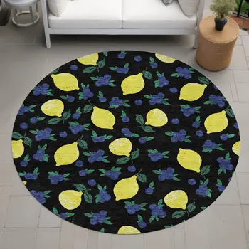8' Black Yellow And Blue Round Lemons Washable Indoor Outdoor Area Rug