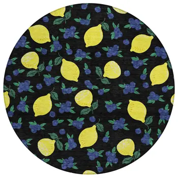 8' Black Yellow And Blue Round Lemons Washable Indoor Outdoor Area Rug