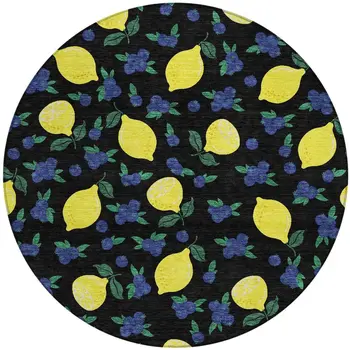 8' Black Yellow And Blue Round Lemons Washable Indoor Outdoor Area Rug