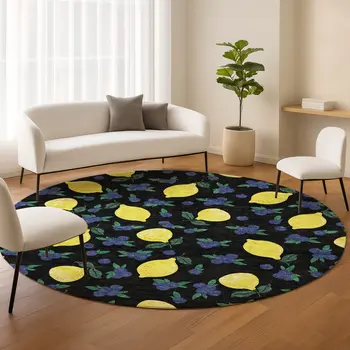 8' Black Yellow And Blue Round Lemons Washable Indoor Outdoor Area Rug