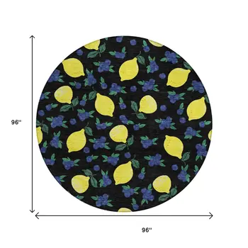8' Black Yellow And Blue Round Lemons Washable Indoor Outdoor Area Rug