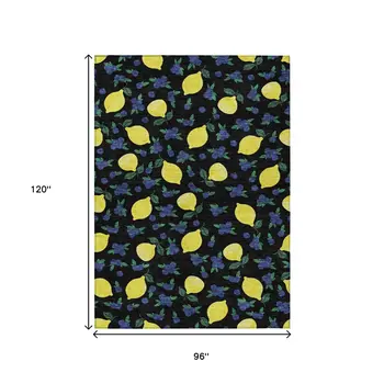 8' X 10' Black Yellow And Blue Lemons Washable Indoor Outdoor Area Rug