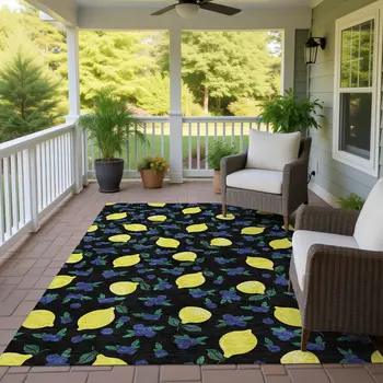 10' X 14' Black Yellow And Blue Lemons Washable Indoor Outdoor Area Rug