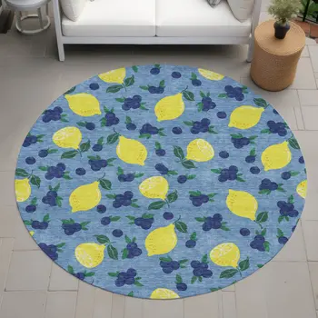 8' Denim Blue Yellow And Green Round Lemons Washable Indoor Outdoor Area Rug