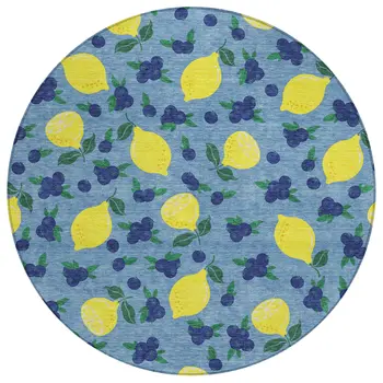 8' Denim Blue Yellow And Green Round Lemons Washable Indoor Outdoor Area Rug