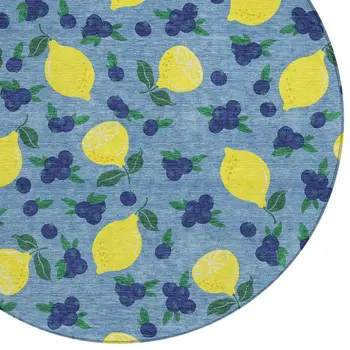 8' Denim Blue Yellow And Green Round Lemons Washable Indoor Outdoor Area Rug