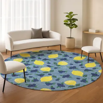 8' Denim Blue Yellow And Green Round Lemons Washable Indoor Outdoor Area Rug